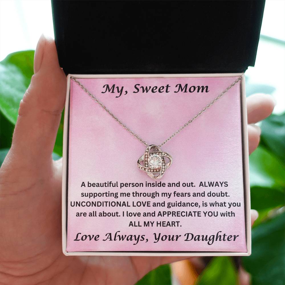 Mom gift from daughter with love knot necklace and special message in two tone box