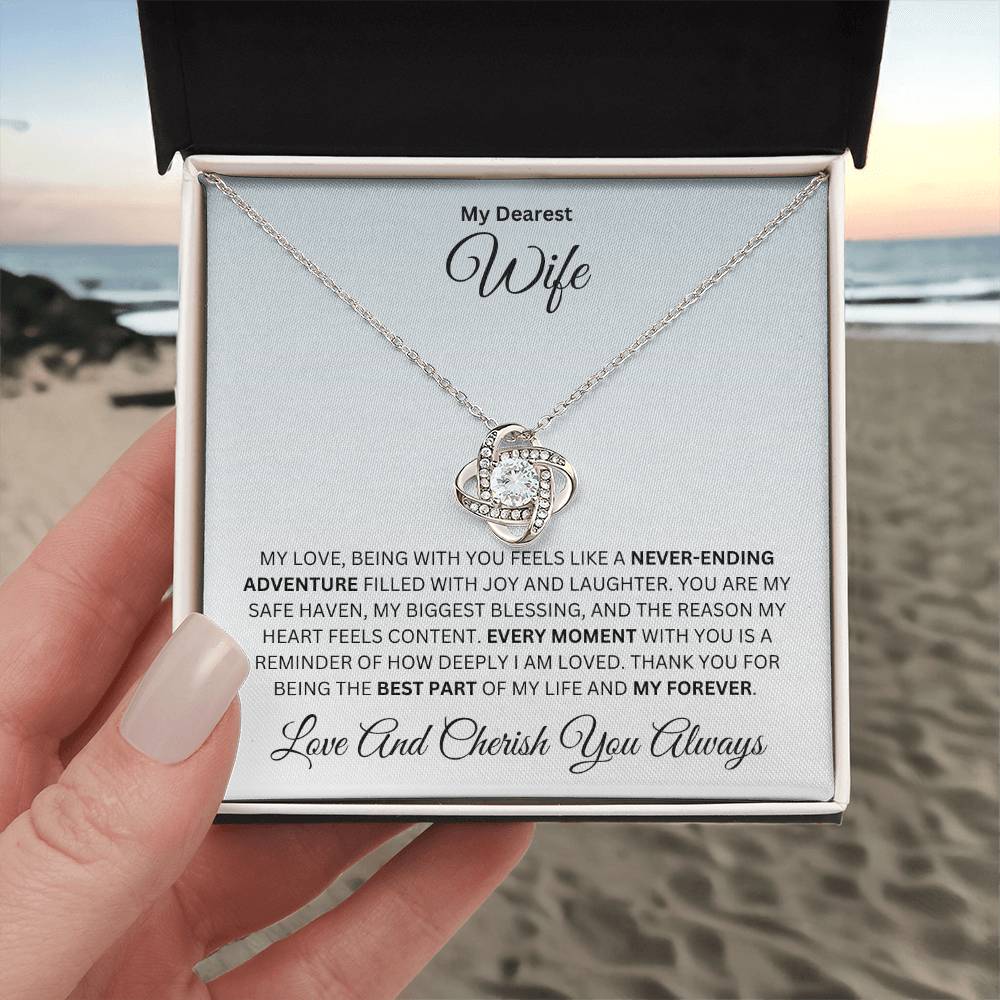 Wife gift with love knot necklace and special heart warming sentiment in a standard box