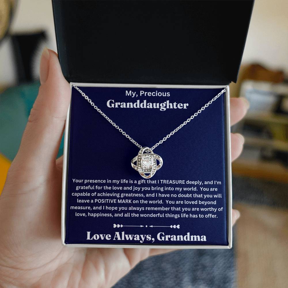 Granddaughter gift from Grandma with love knot necklace and special message in standard box