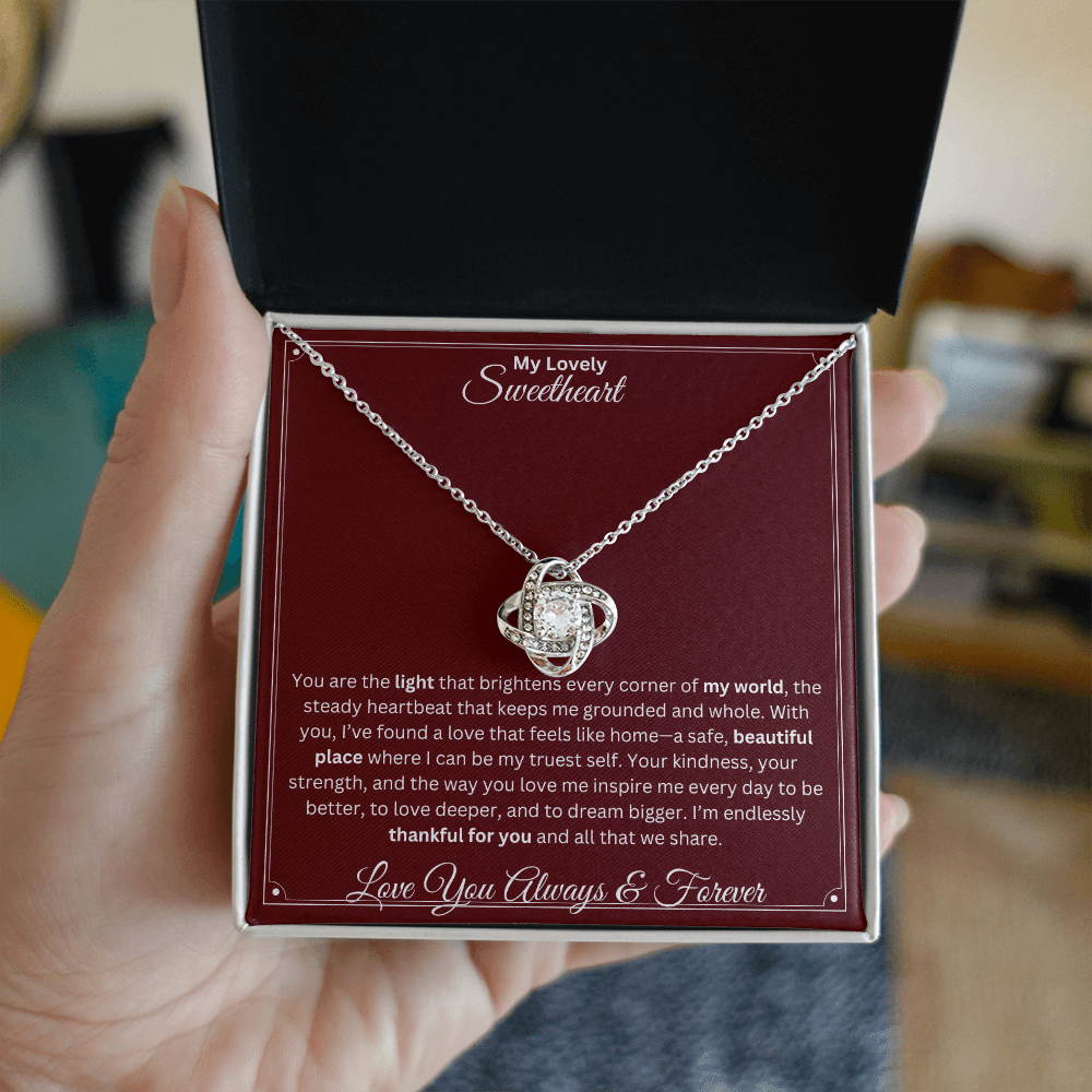 Soulmate gift with love knot necklace and special sentiment in a ready to gift box