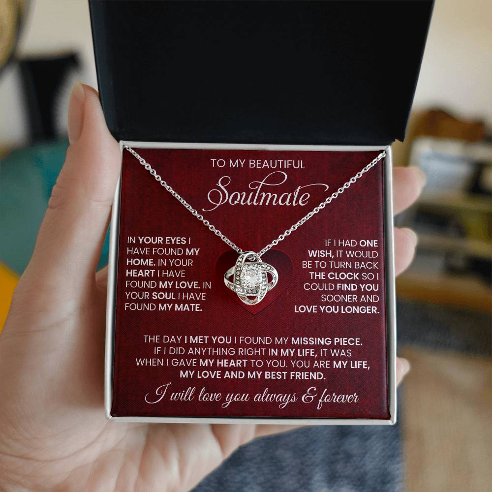 Hand Holding Soulmate Love Knot Necklace In 14K White Gold In Standard Box WIth Unique Message