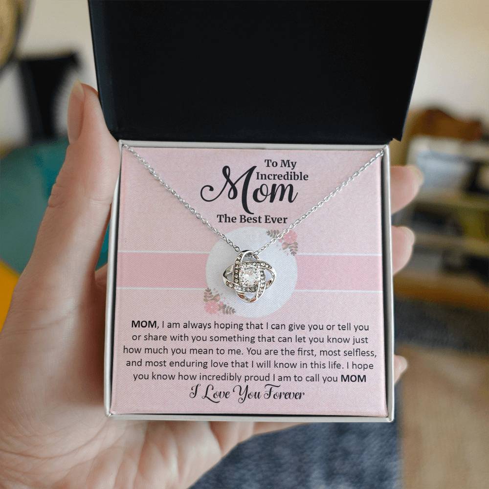 Gift for mom with love knot necklace and special message in two tone box