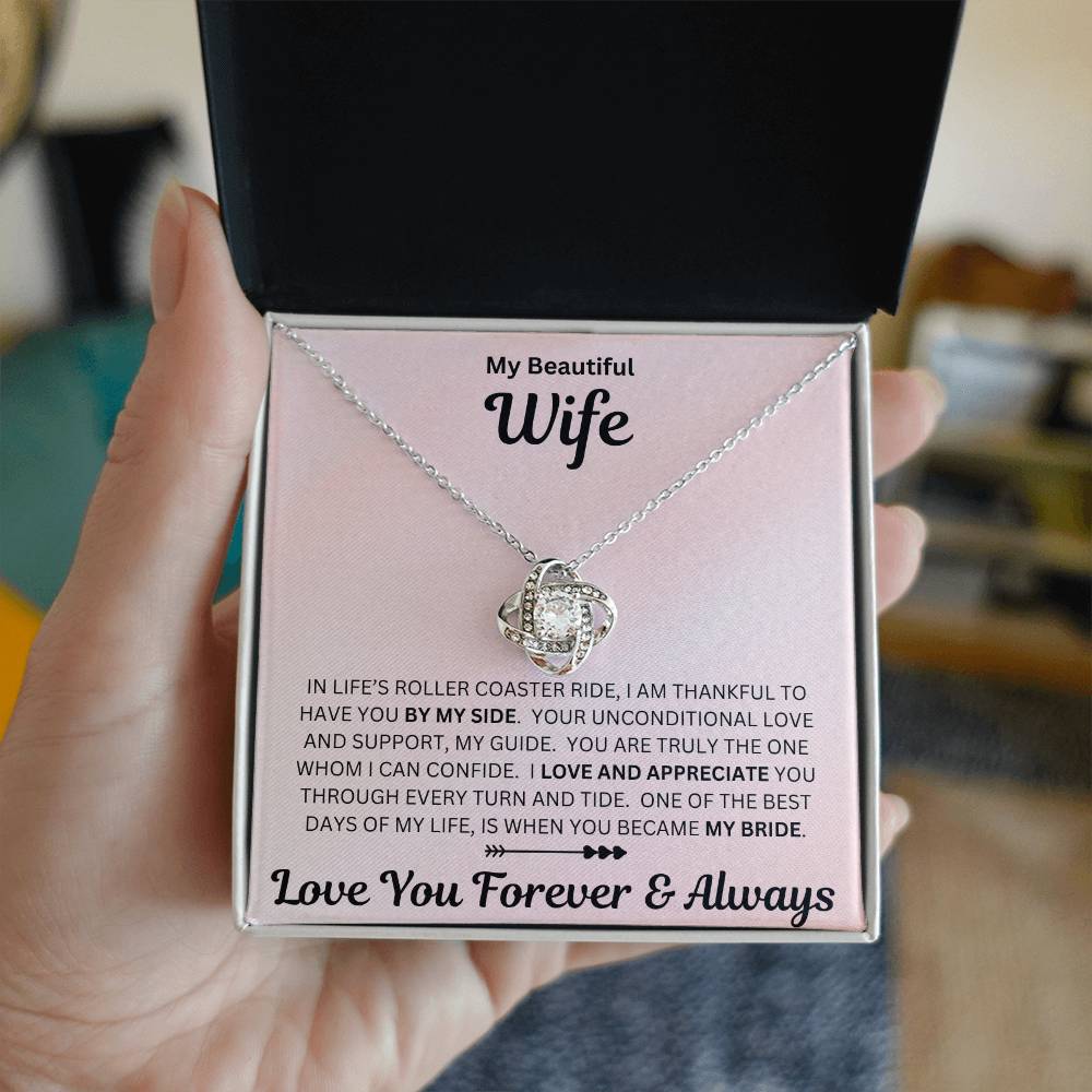 Wife gift with love knot necklace and special sentiment in a standard box