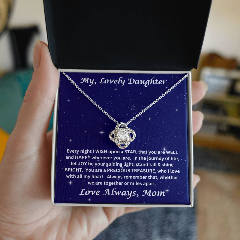 Daughter gift from mom with love knot necklace with special message in two tone box