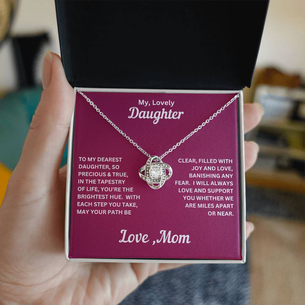 Daughter gift from mom with love knot necklace and special message in two tone box