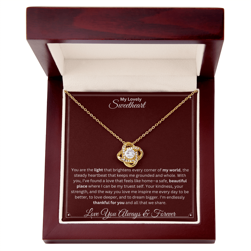 Soulmate gift with love knot necklace and special sentiment in a ready to gift premium box