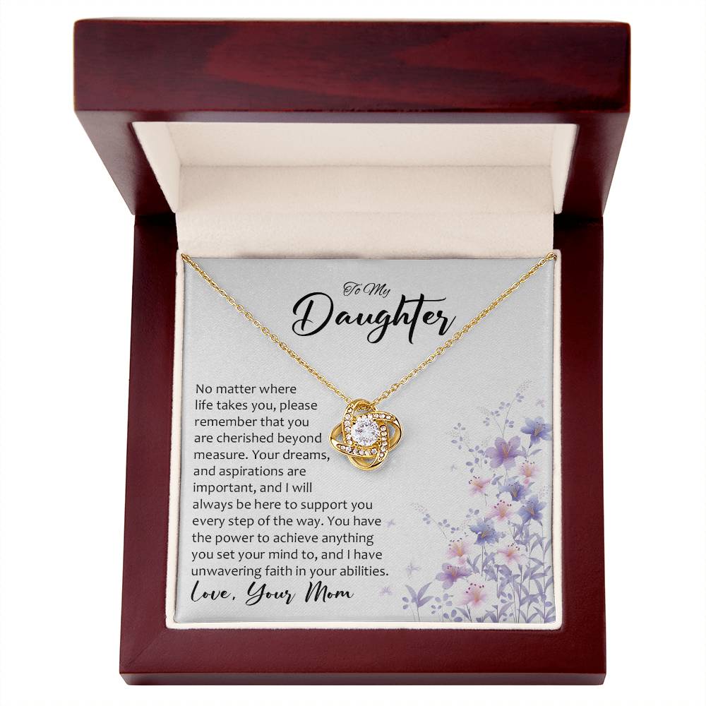 Daughter gift from mom with love knot necklace with special message in Luxury Box