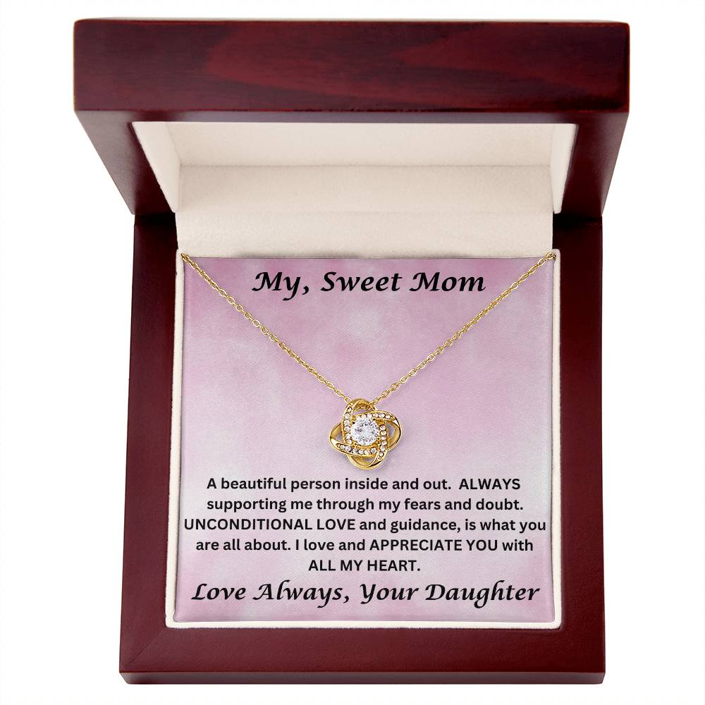 Mom gift from daughter with love knot necklace and special message in luxury box 