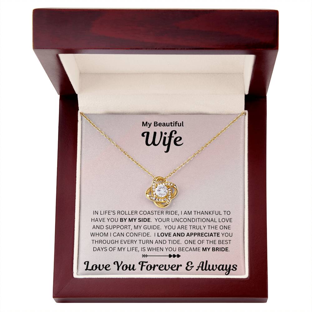 Wife gift with love knot necklace and special sentiment in a luxury box