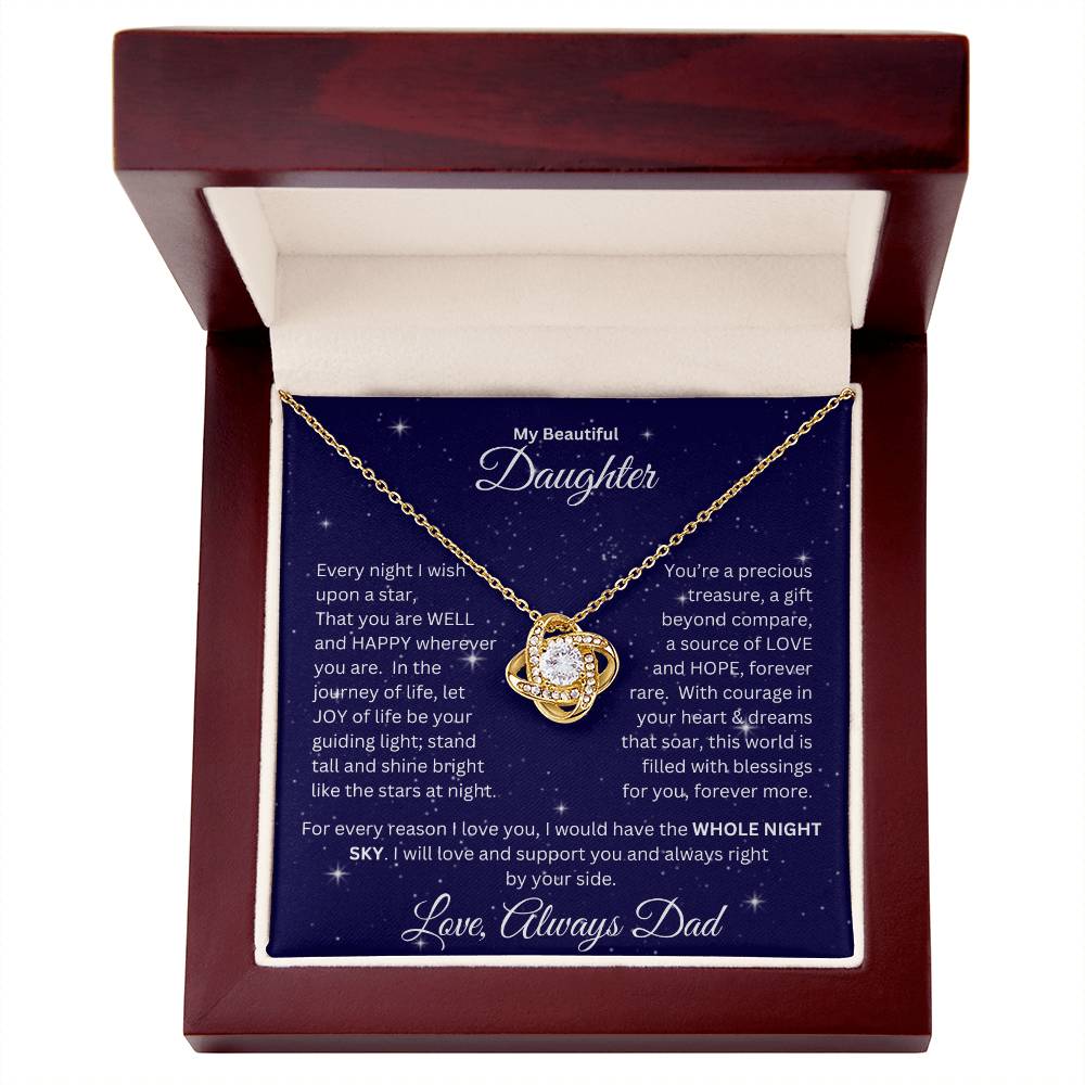 Daughter gift from dad with love knot necklace and special message in a ready to gift luxury box