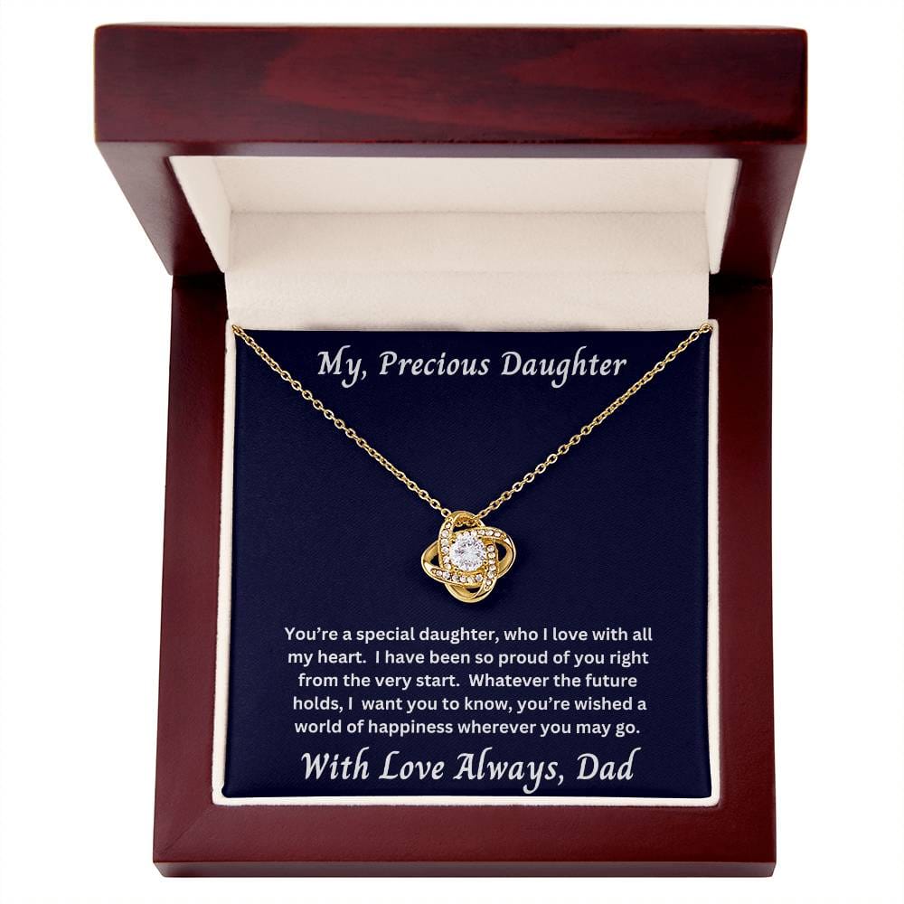 Daughter gift from dad with love knot necklace and special message in luxury box