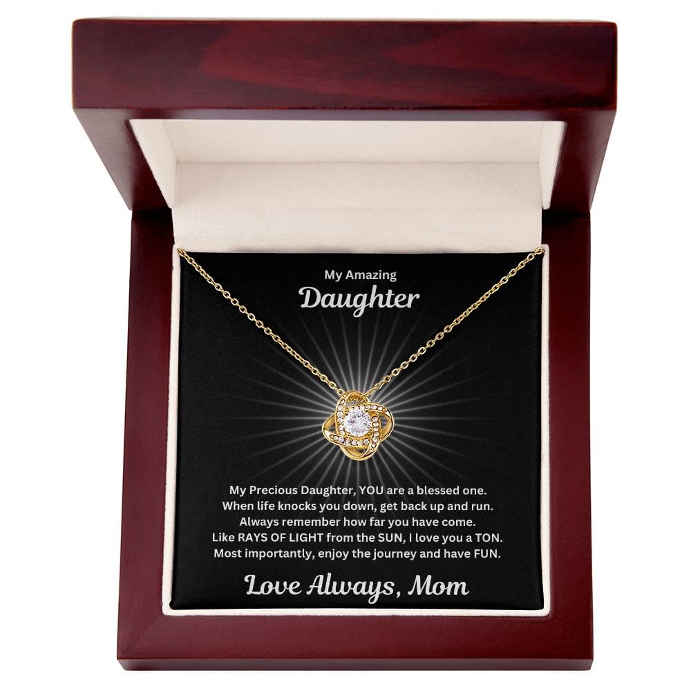 Daughter gift from mom with beautiful love knot necklace and special message in a luxury box