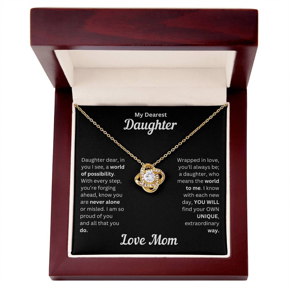 Daughter gift from mom with love knot necklace and special message in a luxury box