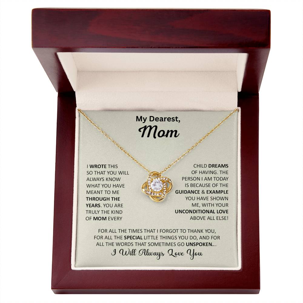 Mom gift with love knot necklace and special message in luxury box