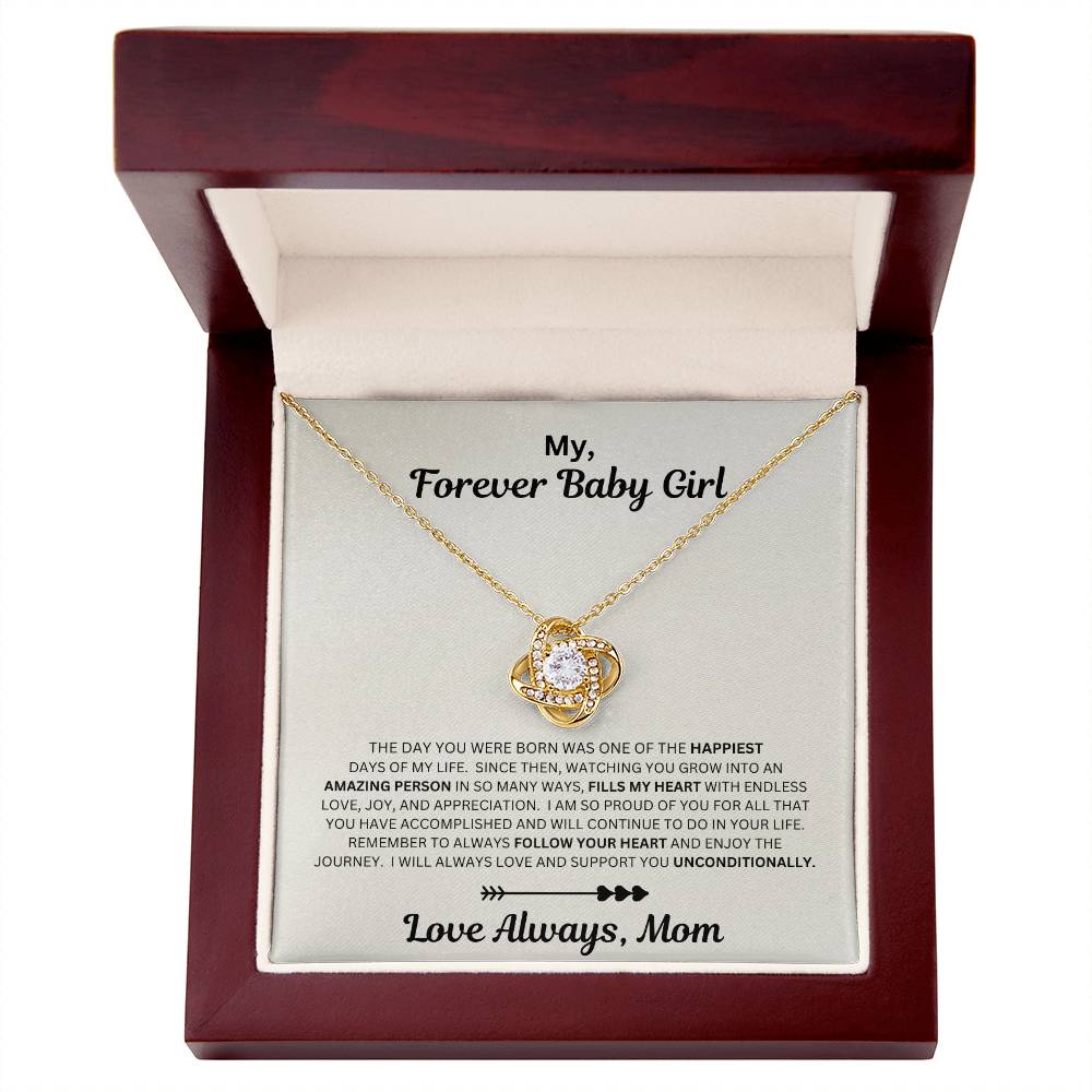 Daughter gift from mom with love knot necklace and sentimental message in luxury box