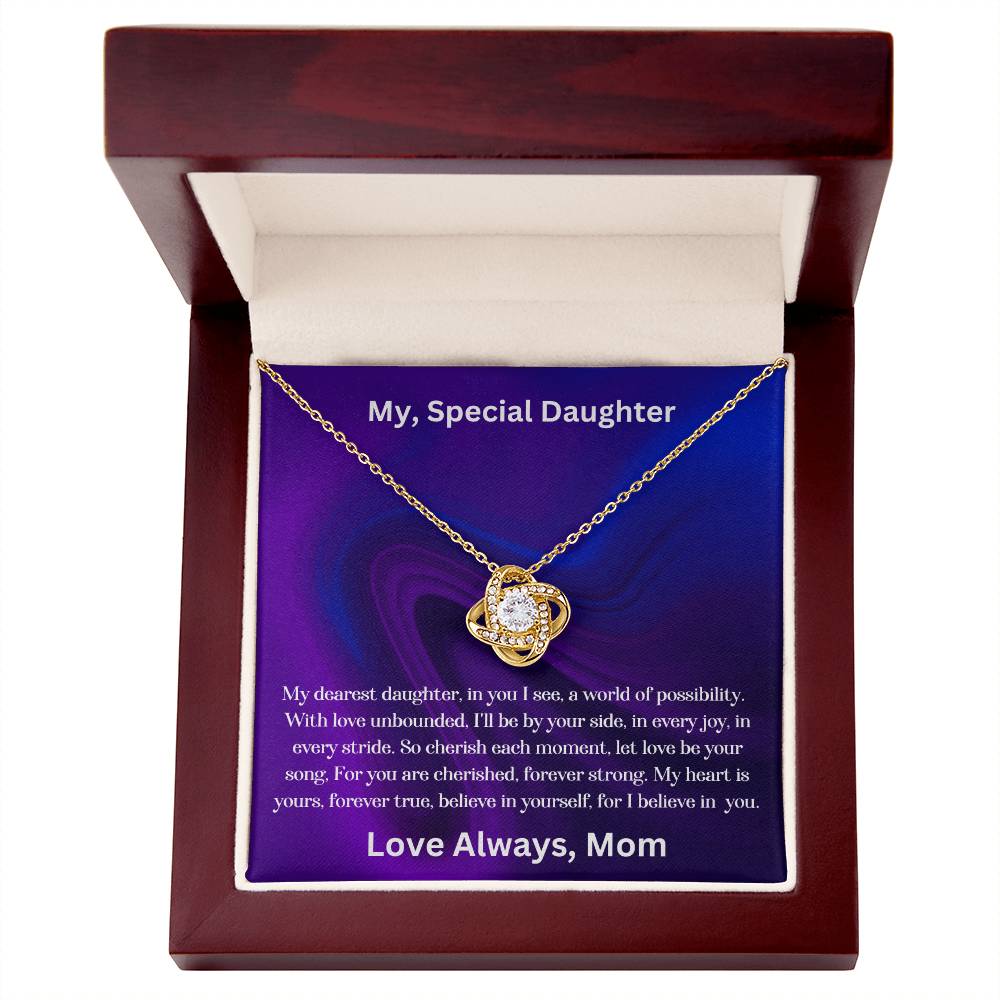 Daughter gift from mom with the love knot necklace and special message in luxury box