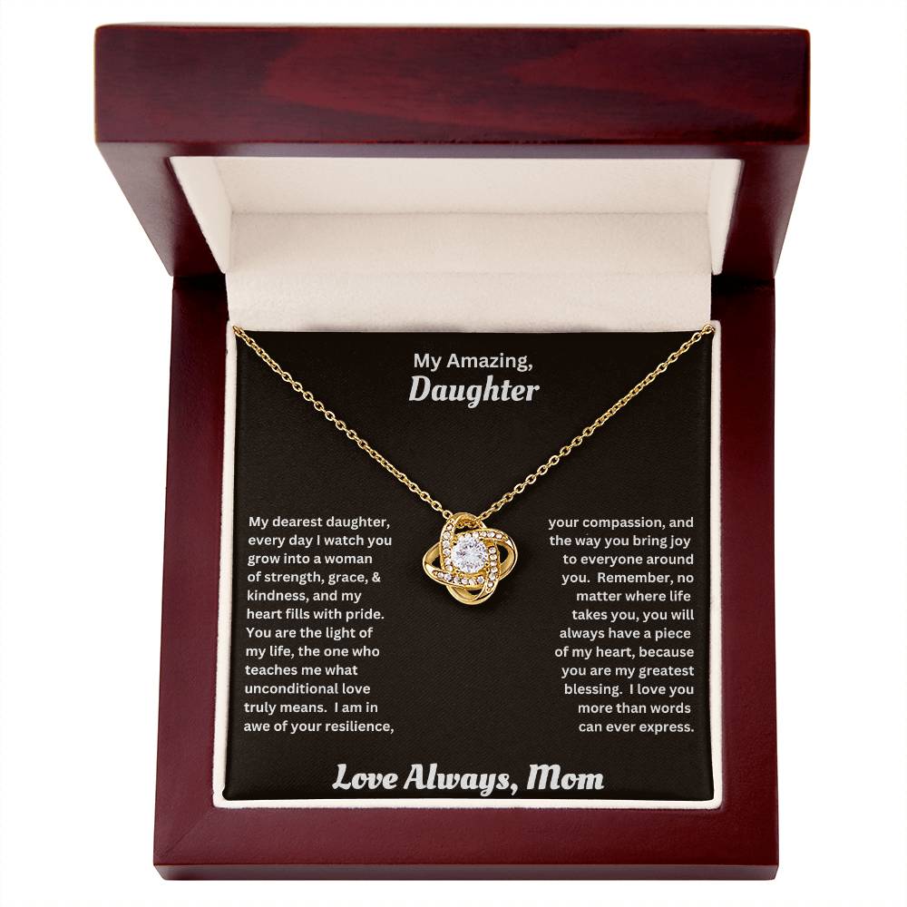 Daughter gift from mom wit love knot necklace and special message in luxury box