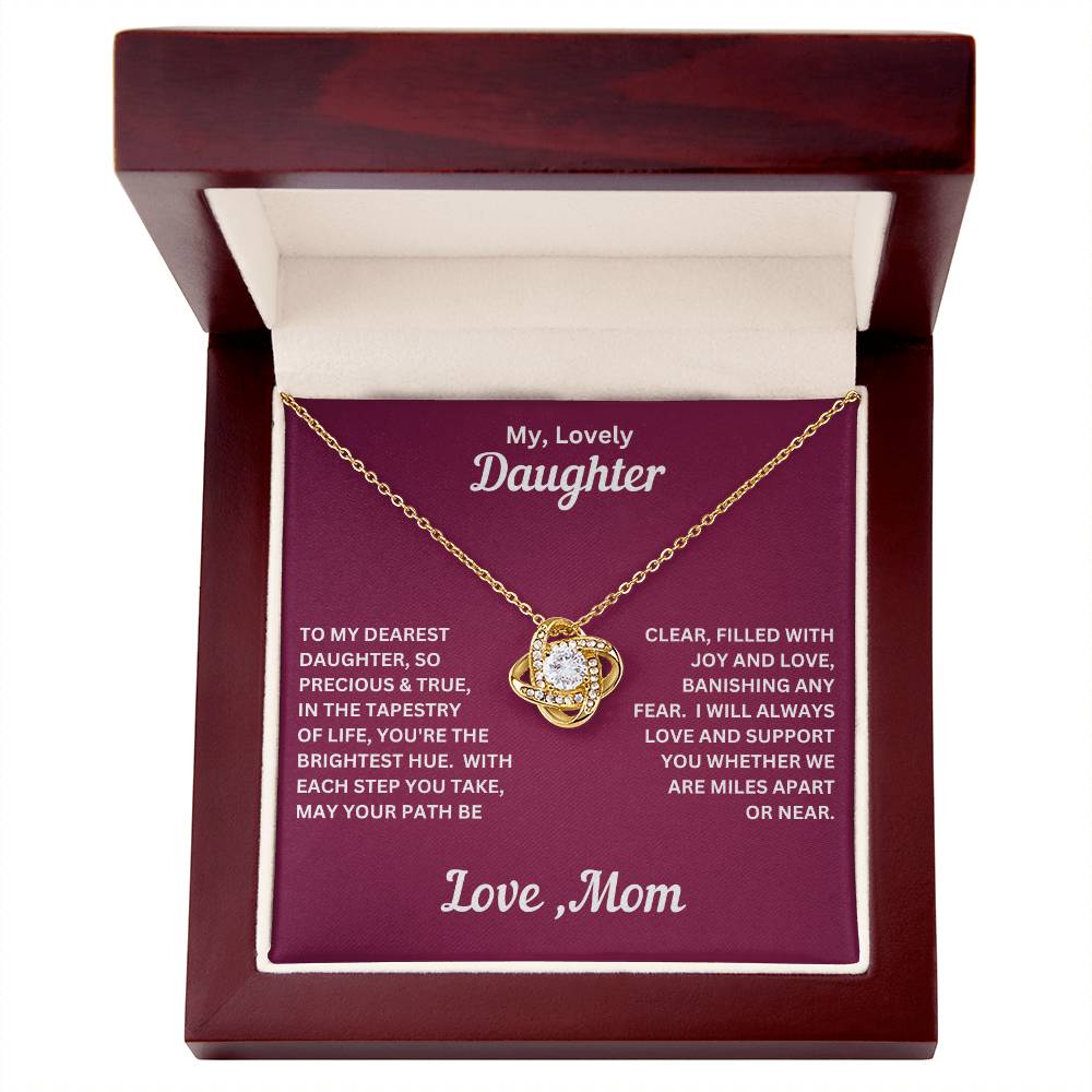 Daughter gift from mom with love knot necklace and special message in luxury box