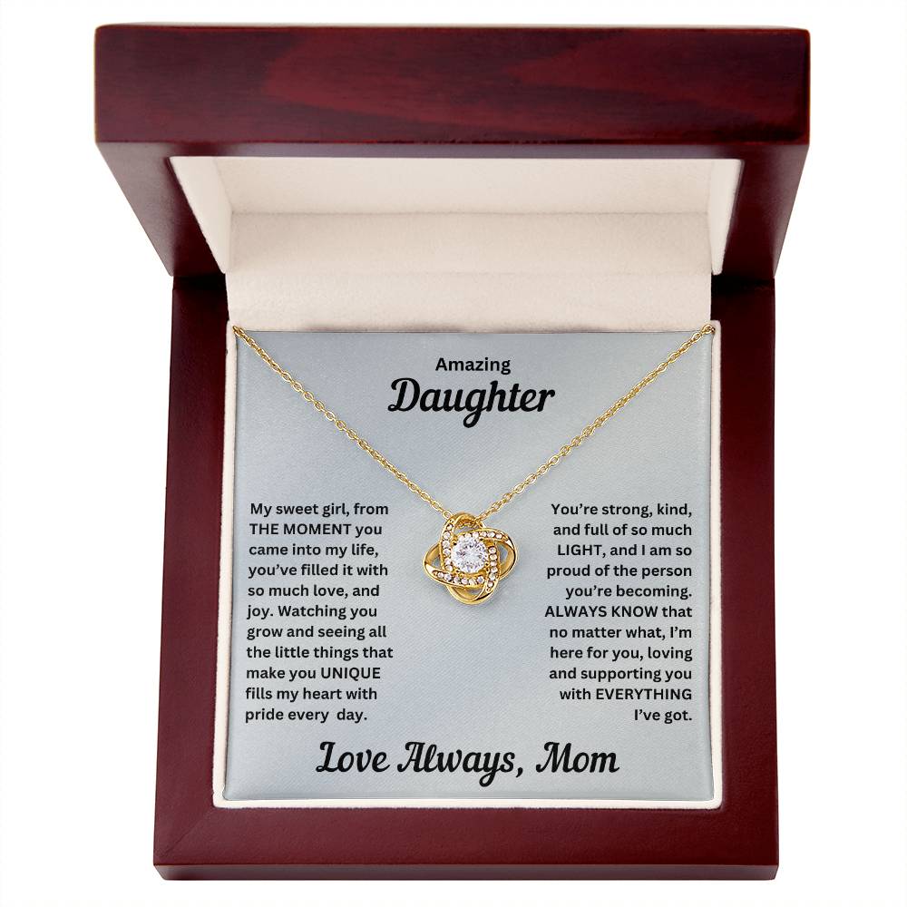 Daughter gift from mom with love knot necklace and special message in luxury box