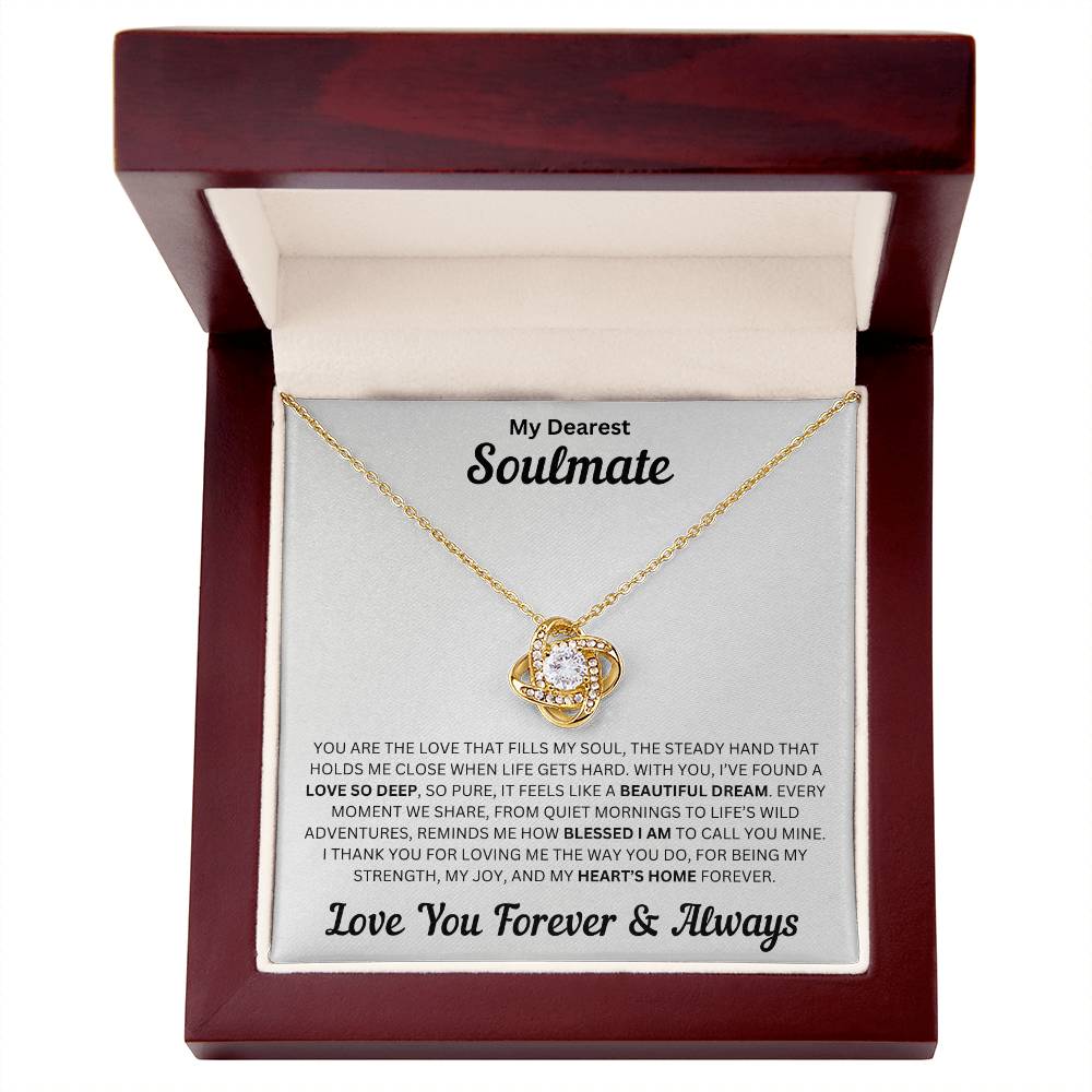 Soulmate gift with love knot necklace and special message in a luxury box