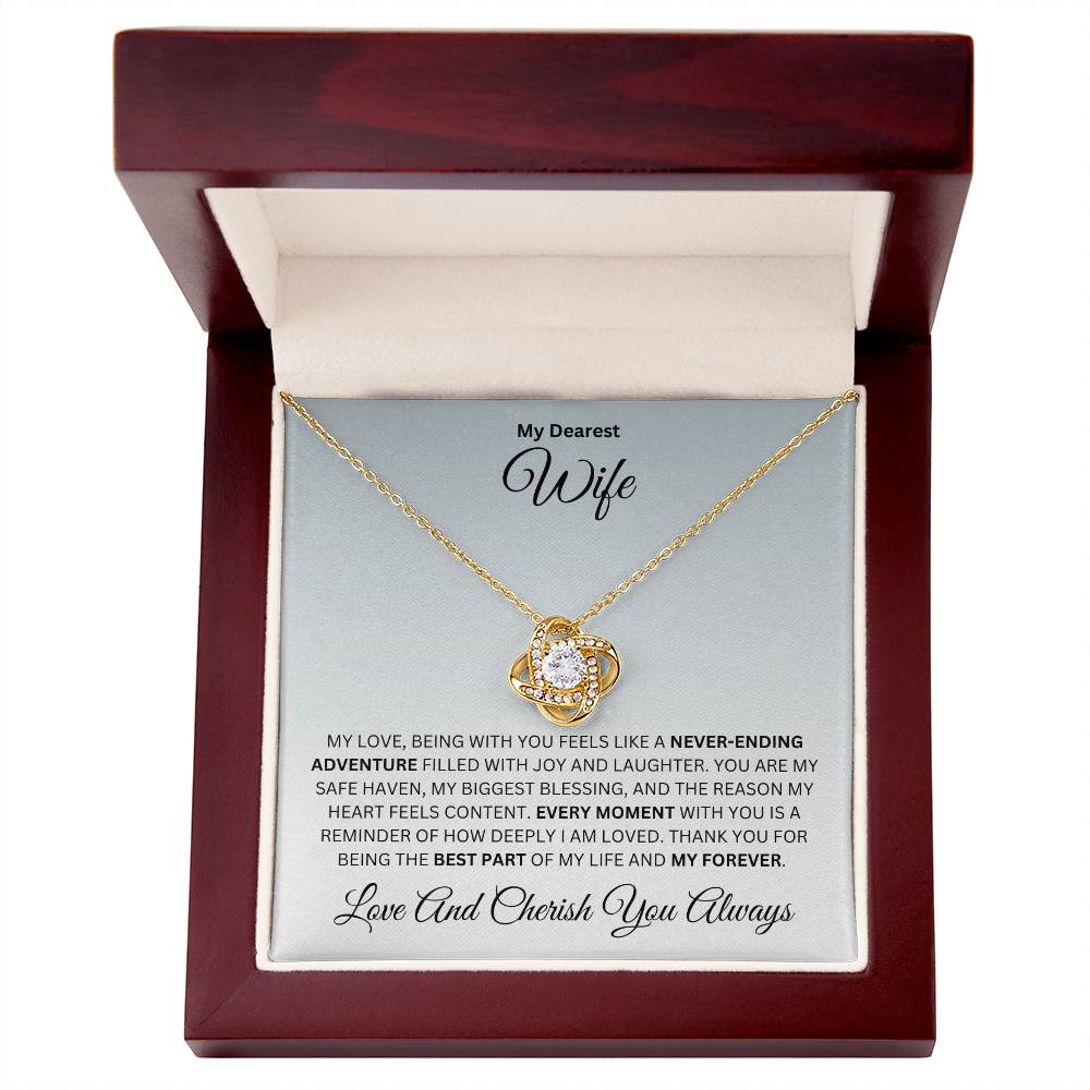 Wife gift with love knot necklace and special heart warming sentiment in a luxury box