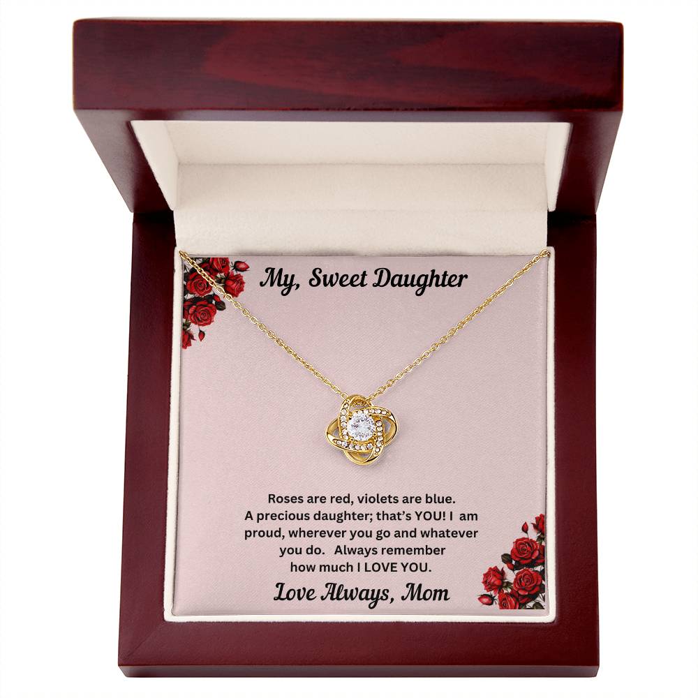 Daughter gift from mom with love knot necklace and special message in luxury box 