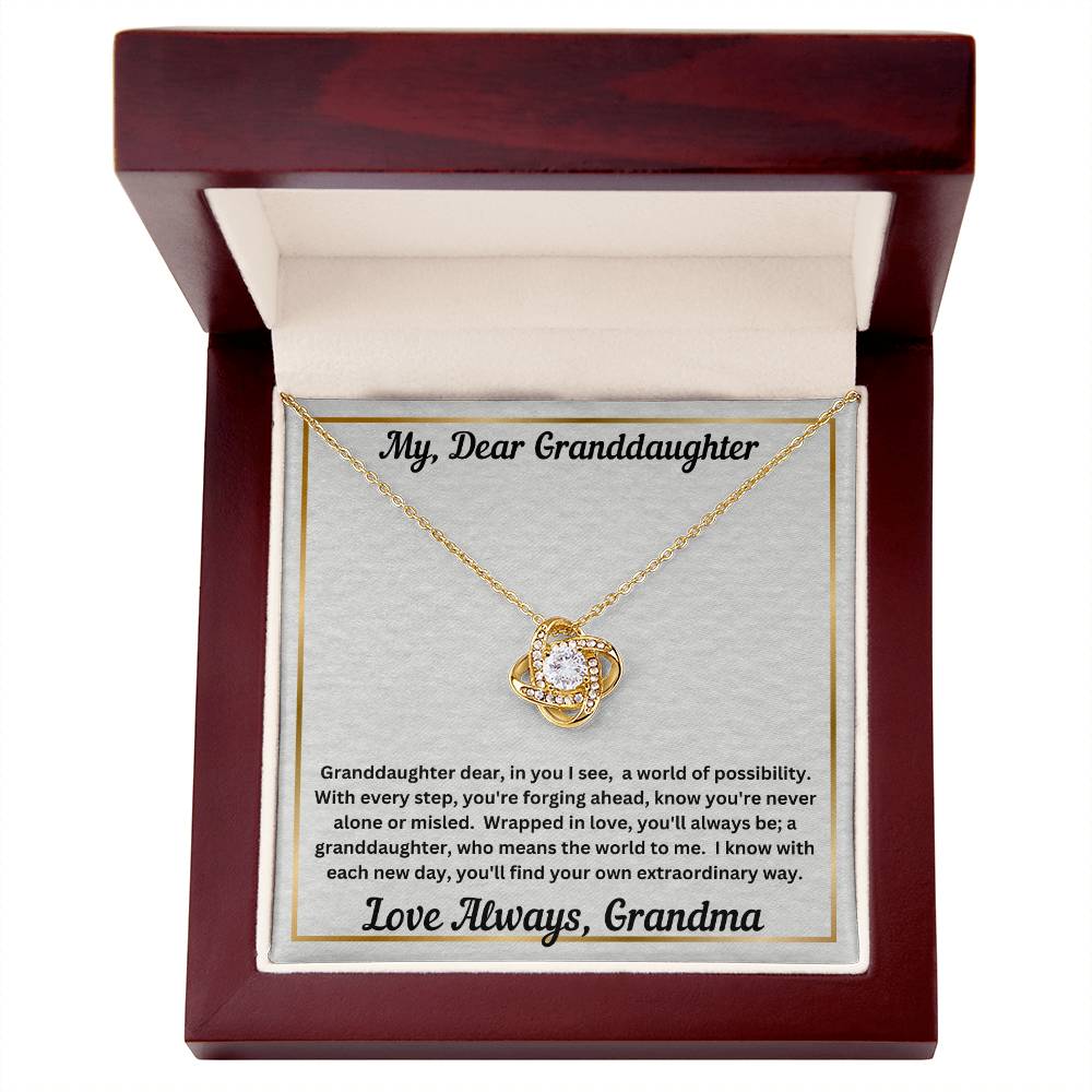 Granddaughter gift from grandma with love knot necklace and special message in luxury box