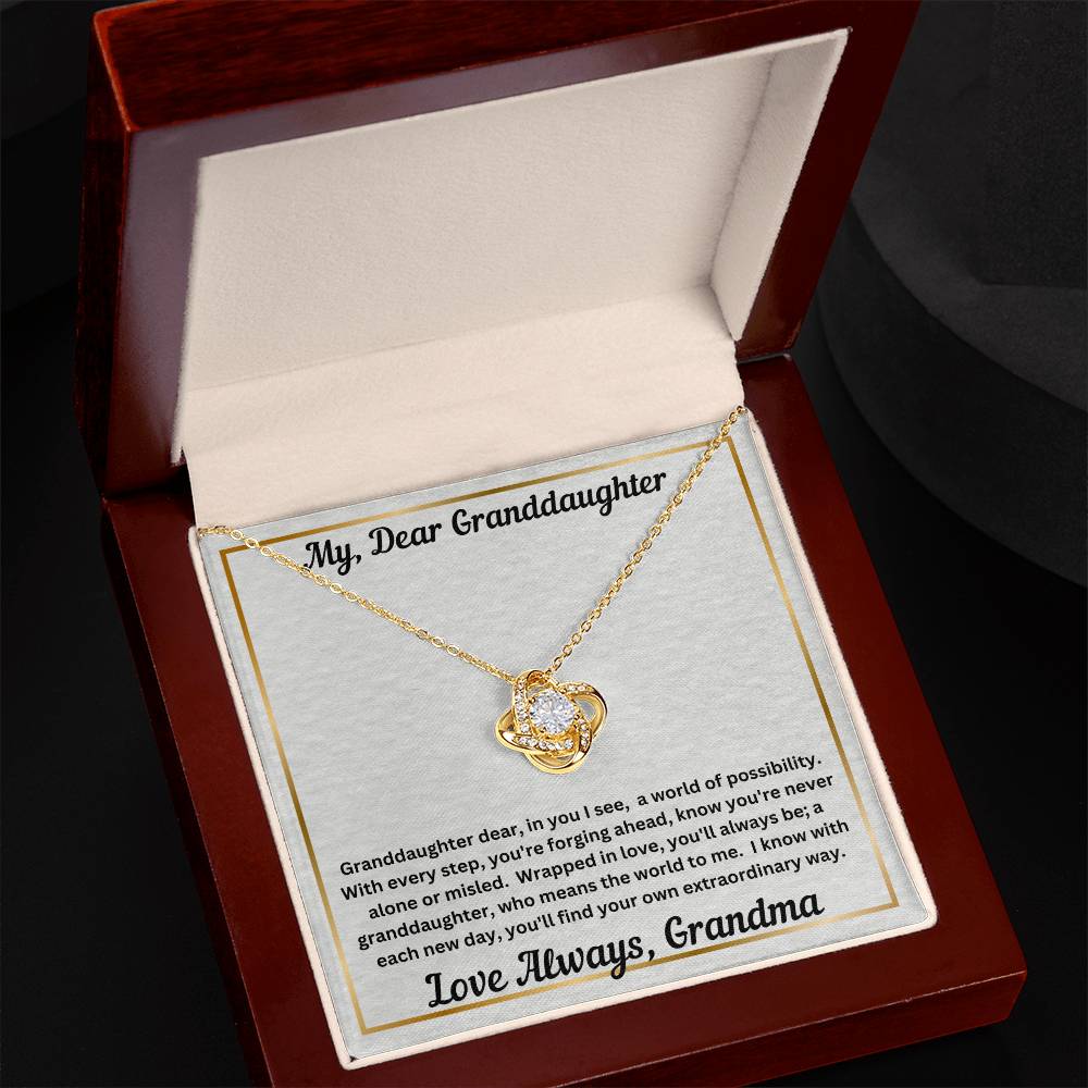 Granddaughter gift from grandma with love knot necklace and special message in luxury box