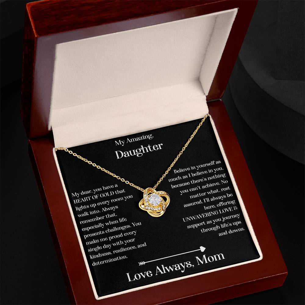 Daughter gift from mom with love knot necklace and special message in luxury box