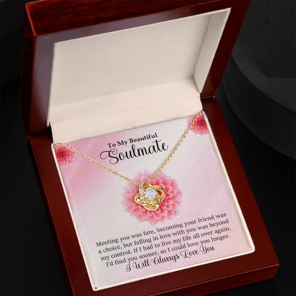 Soulmate Gift - Love Knot Necklace In 18K Yellow Gold Finish With Special Message In Luxury Box With Led Light From Above