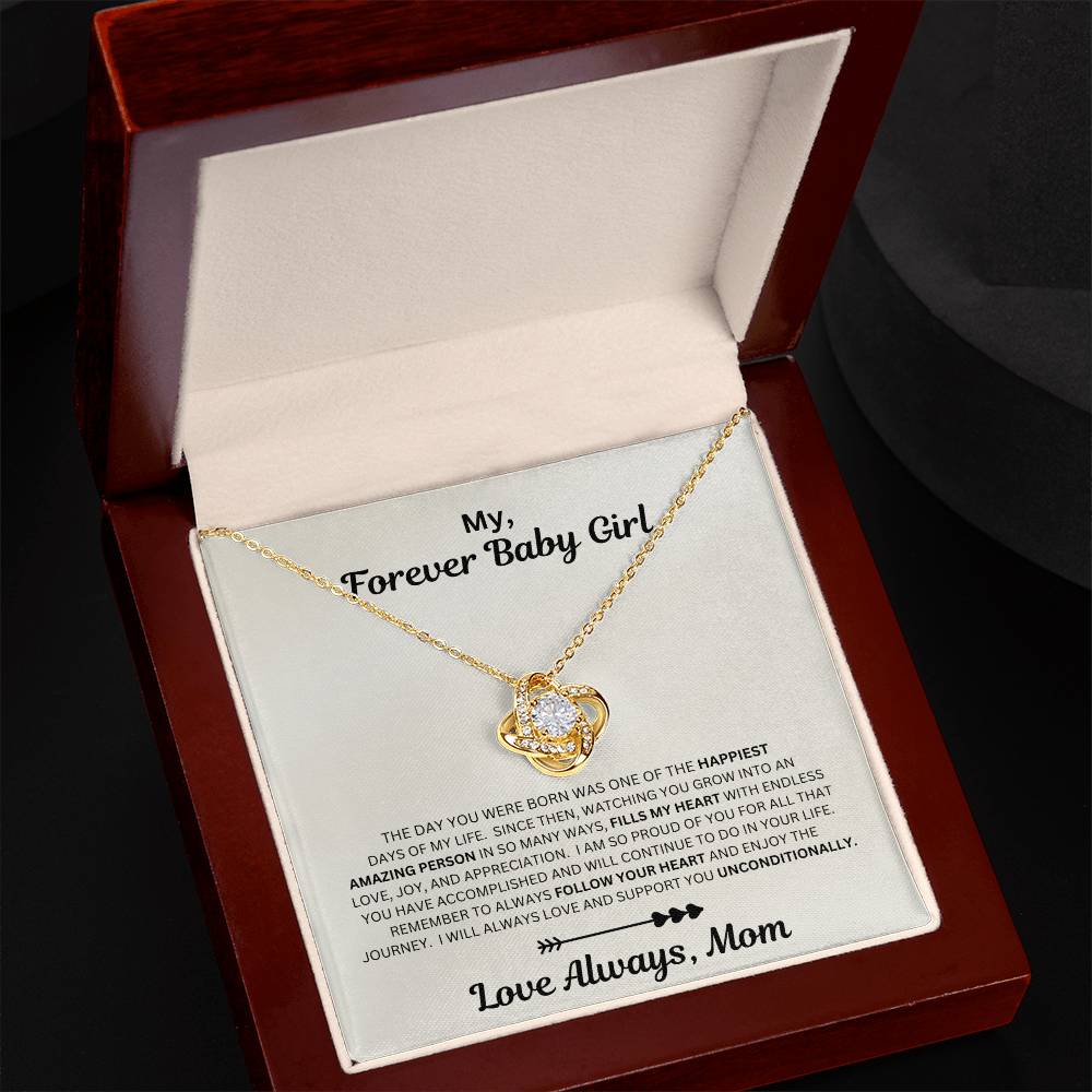 Daughter gift from mom with love knot necklace and sentimental message in luxury box