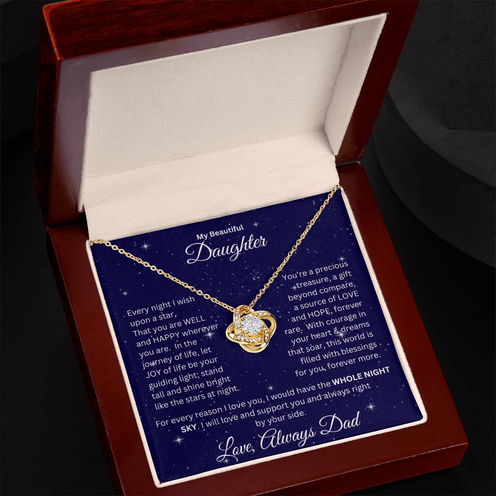 Daughter gift from dad with love knot necklace and special message in a ready to gift luxury box