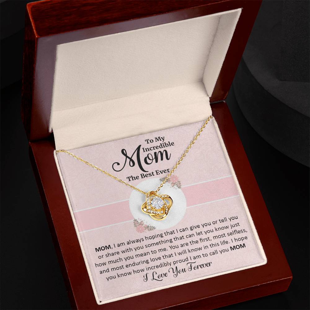 Gift for mom with love knot necklace and special message in luxury box