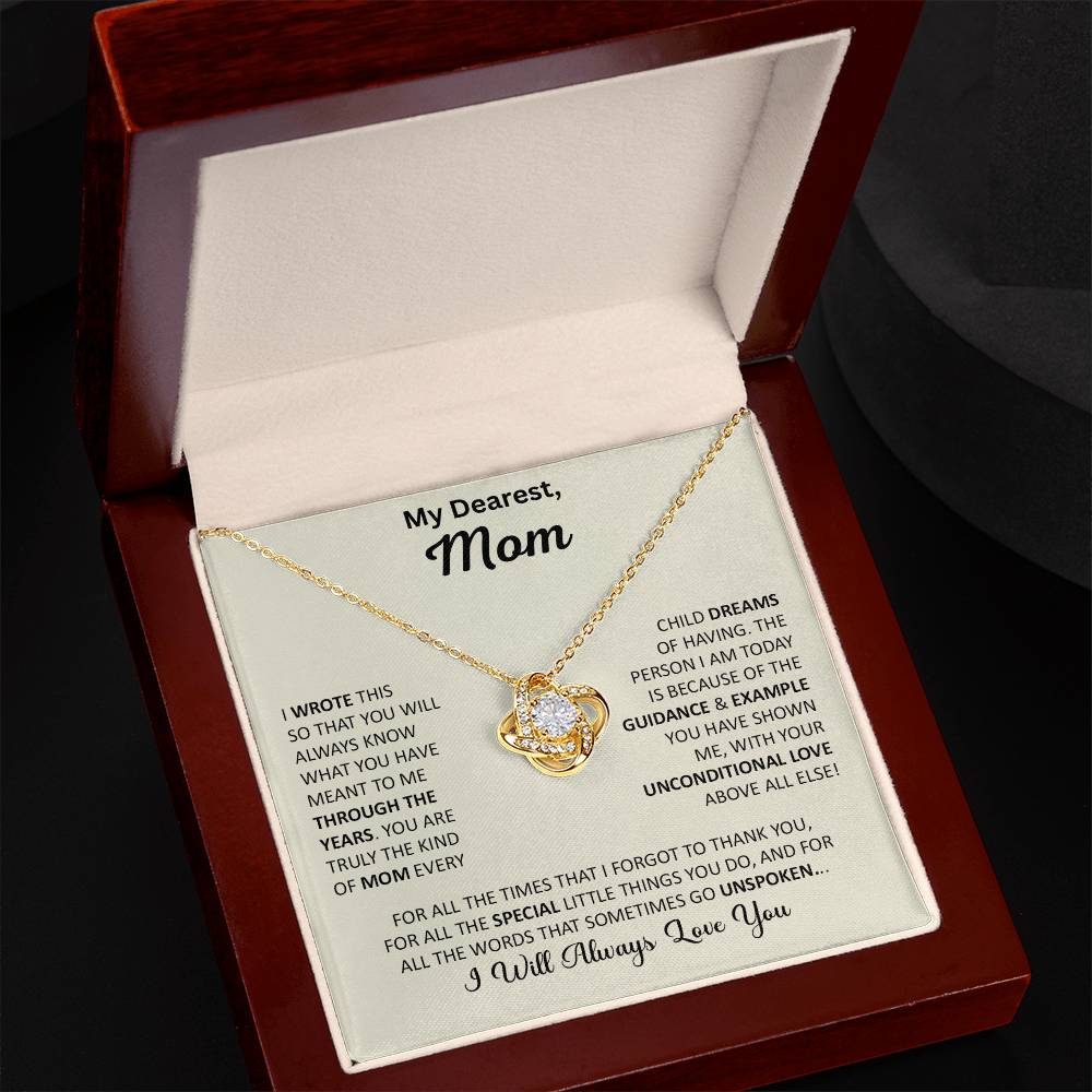 Mom gift with love knot necklace and special message in luxury box