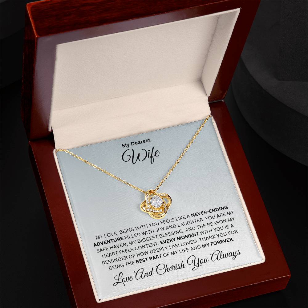 Wife gift with love knot necklace and special heart warming sentiment in a luxury box