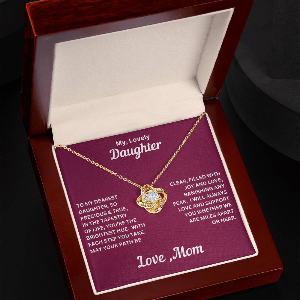 Daughter gift from mom with love knot necklace and special message in luxury box