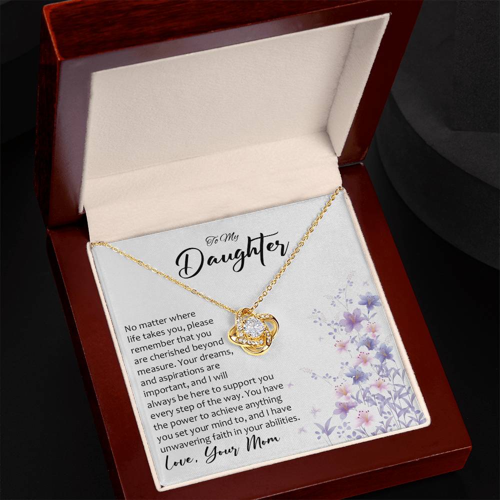 Side Angled Daughter gift from mom with love knot necklace with special message in Luxury Box