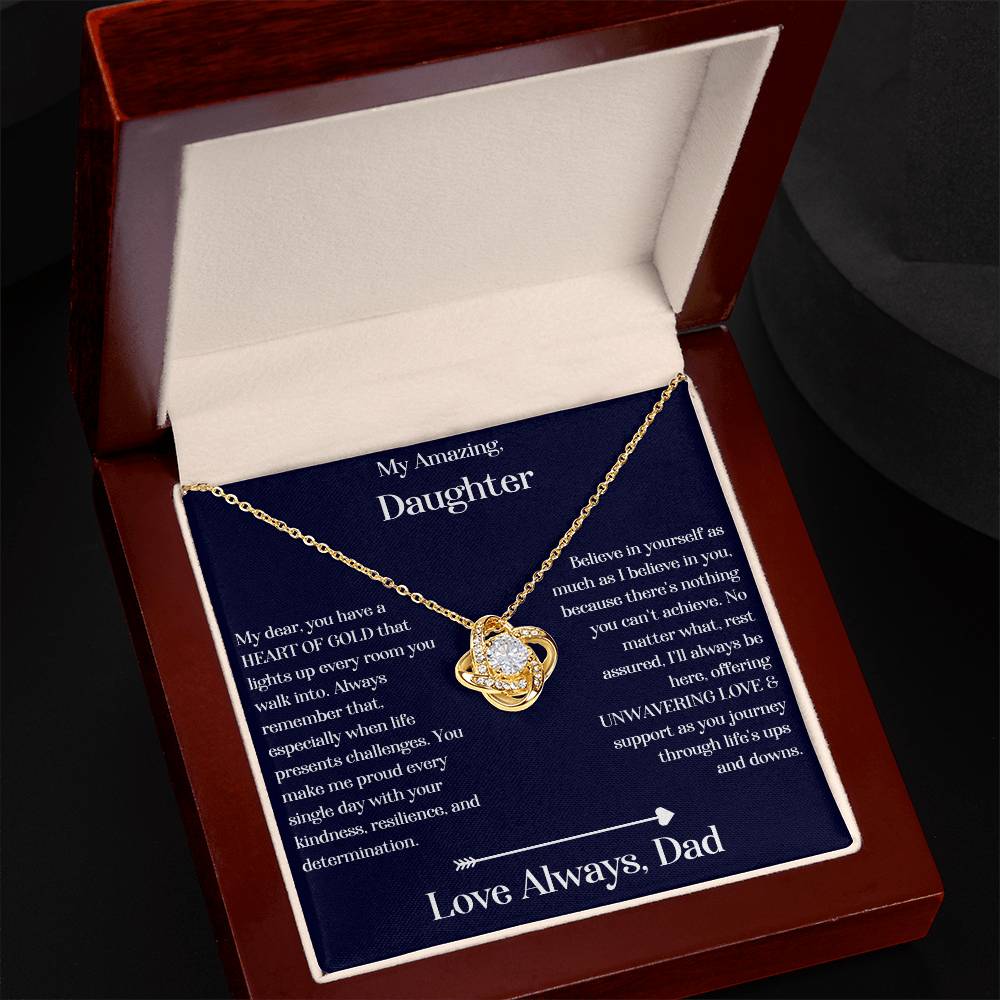 Another angle of Daughter gift from dad with love knot necklace and special sentiment in a luxury box