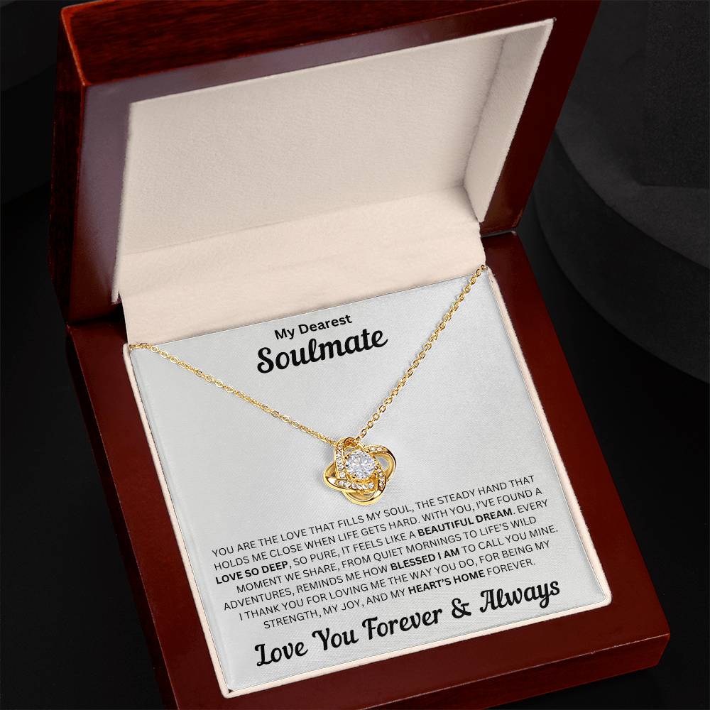 Soulmate gift with love knot necklace and special message in a luxury box