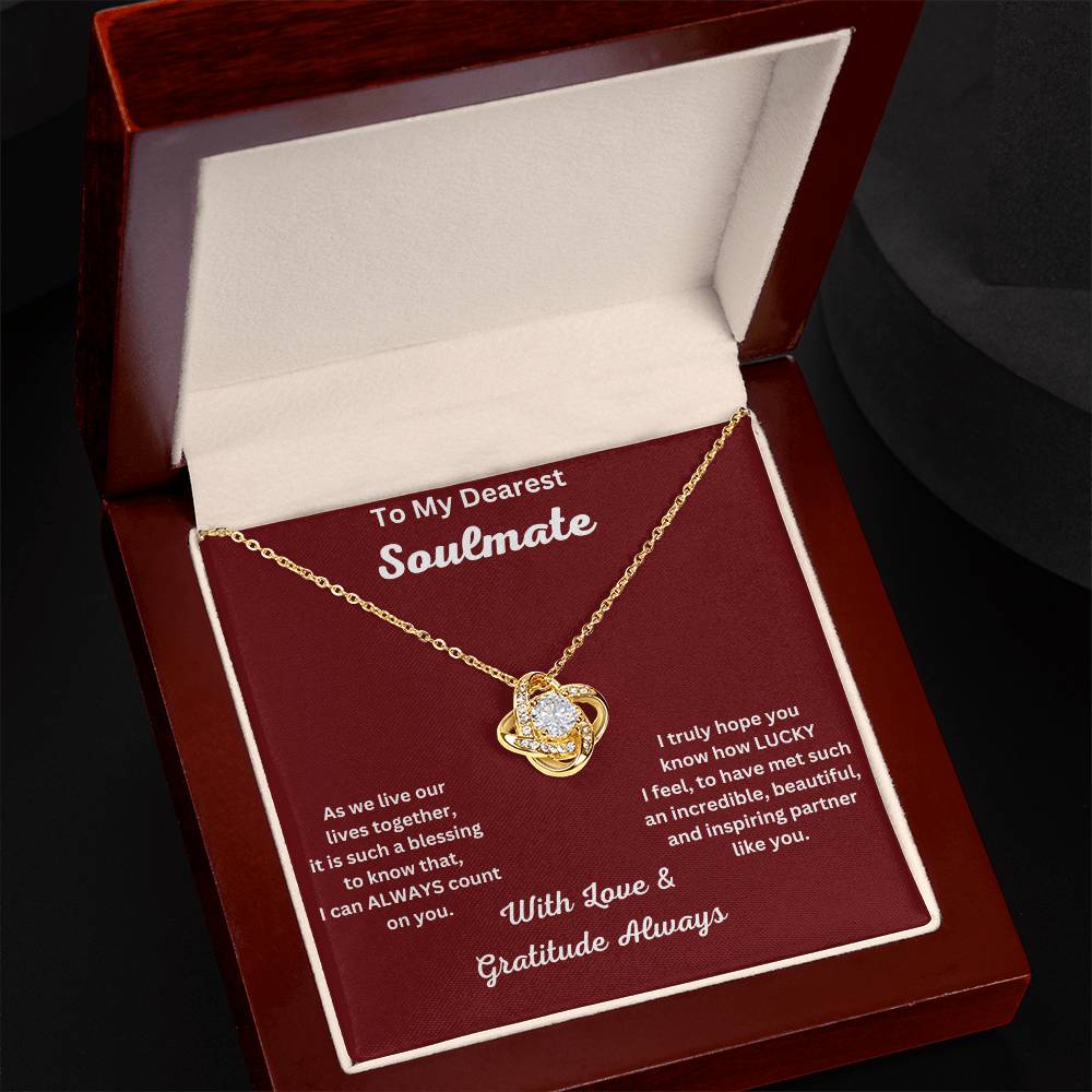 Soulmate Gift-Love Knot Necklace In 18K Yellow Gold Finish In Luxury Box With LED Side Angled And Above With Message Card