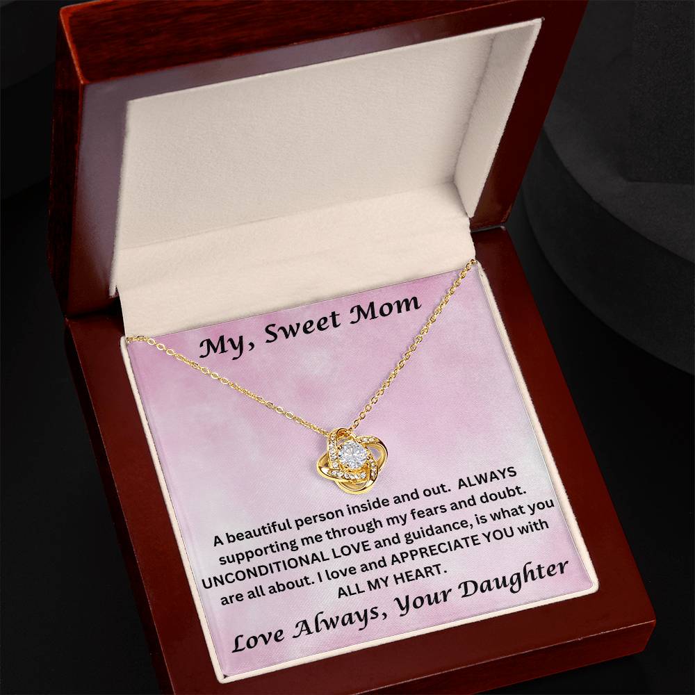 Mom gift from daughter with love knot necklace and special message in luxury box