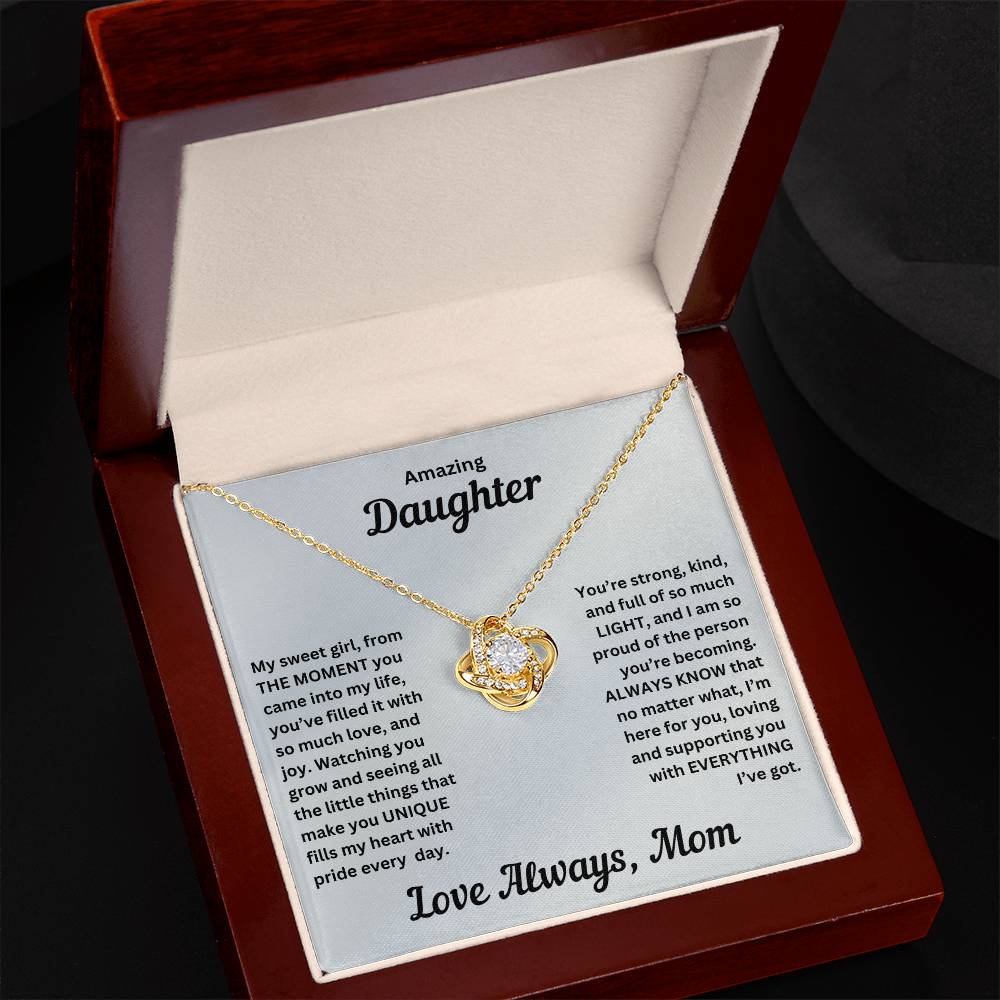 Daughter gift from mom with love knot necklace and special message in luxury box