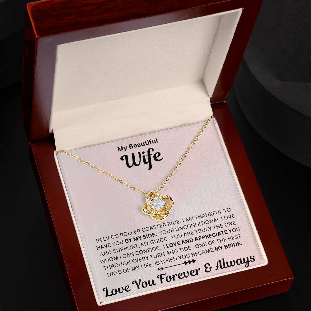 Wife gift with love knot necklace and special sentiment in a luxury box