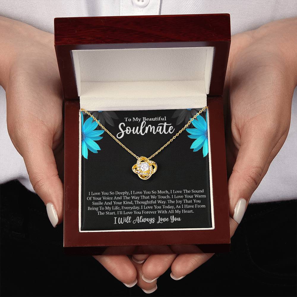 Two Hands Holding Soulmate Gift-Love Knot Necklace In 18 K Yellow Gold Finish With Special Message In Luxury Box With LED