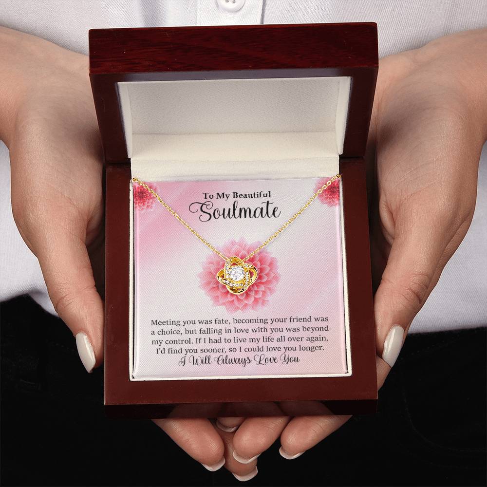 Two Hands Holding Soulmate Gift-Love Knot Necklace In 18 K Yellow Gold Finish With Special Message In Luxury Box With LED