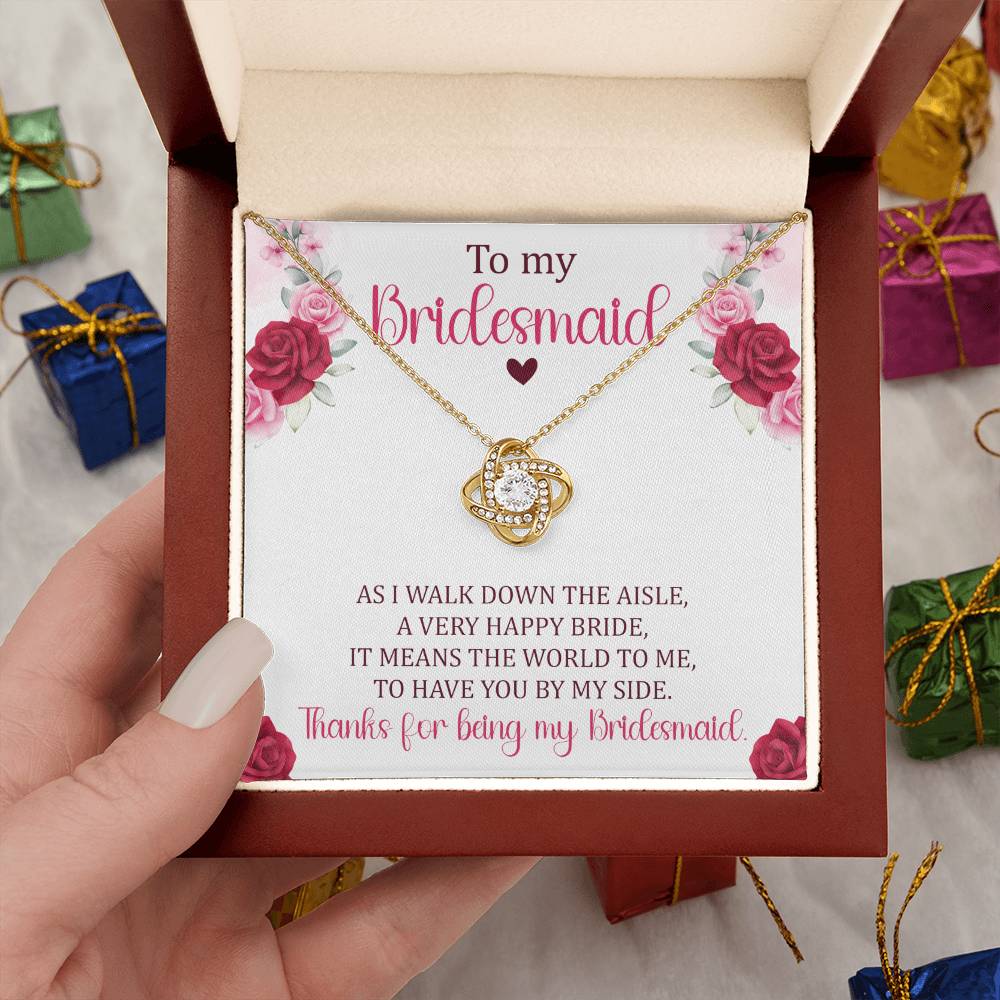 Bridesmaid gift with love knot necklace and special message in ready to gift box