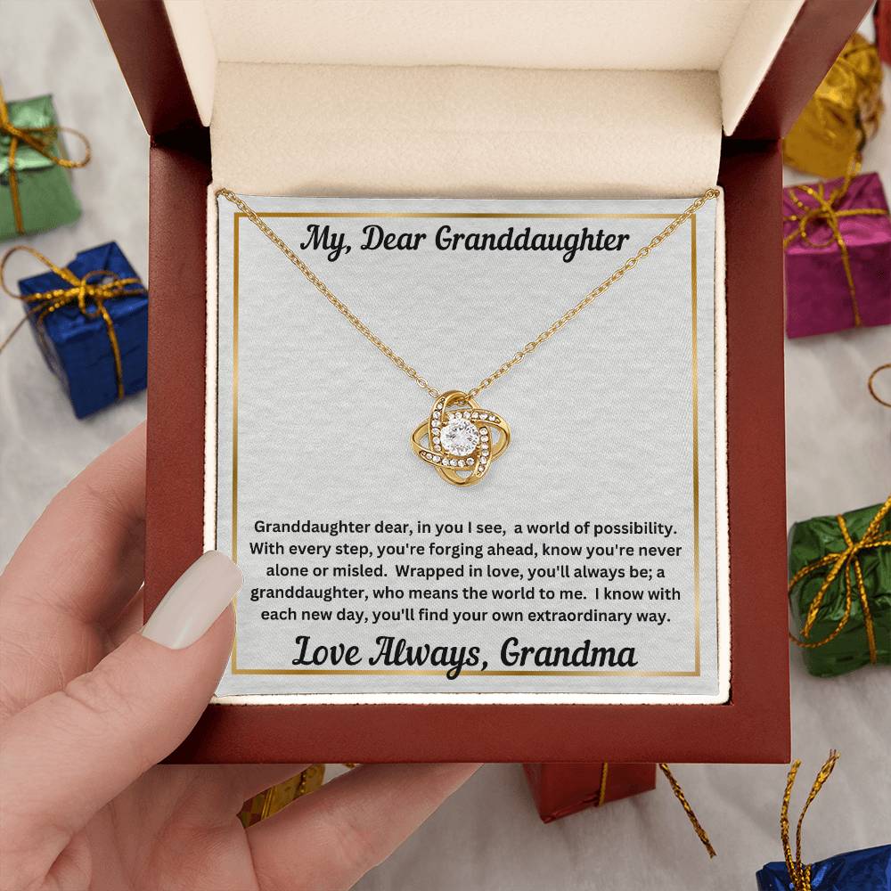 Granddaughter gift from grandma with love knot necklace and special message in luxury box