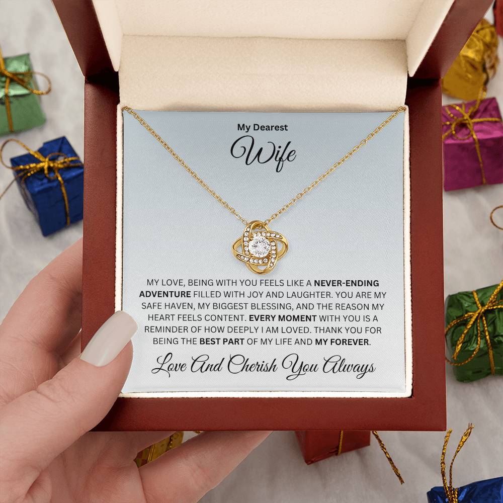 Wife gift with love knot necklace and special heart warming sentiment in a luxury box