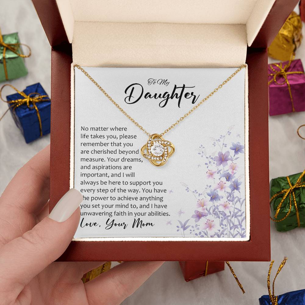 Daughter gift from mom with love knot necklace with special message in luxury box