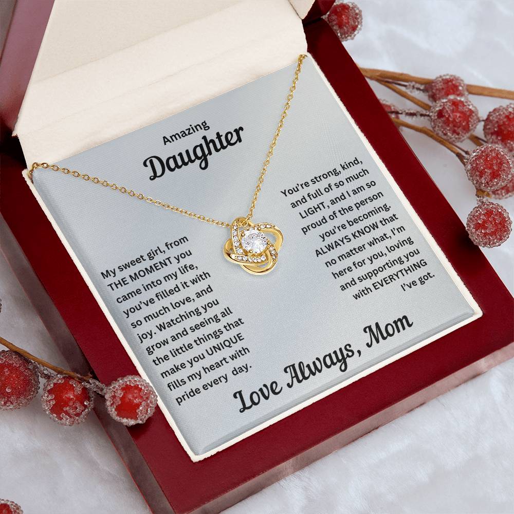 Daughter gift from mom with love knot necklace and special message in luxury box with props